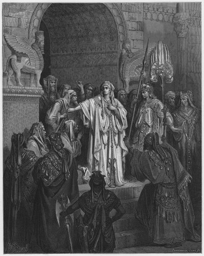 ギュスターヴドール聖書：アハシュエロスの命令に従うことを拒否する女王バシュティ 作： Gustave Dore